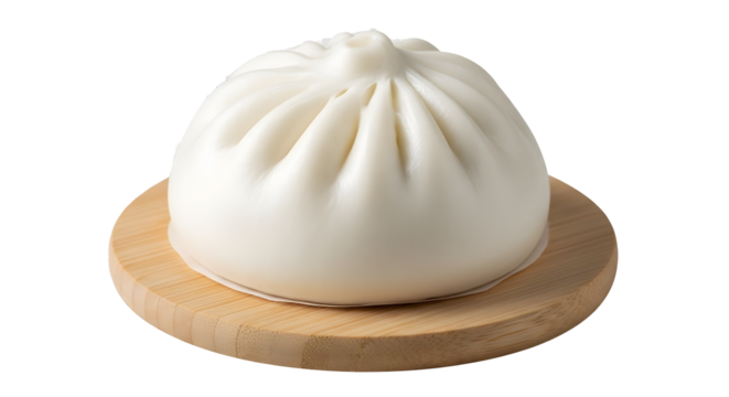 Steamed Chinese Bun on Wooden Coaster on Transparent Background, Fresh Baozi Illustration, Plump White Bao Cutout Graphic, Soft Glossy Bao on Round Wood Mockup, Isolated Chinese Steamed Bun Digital 