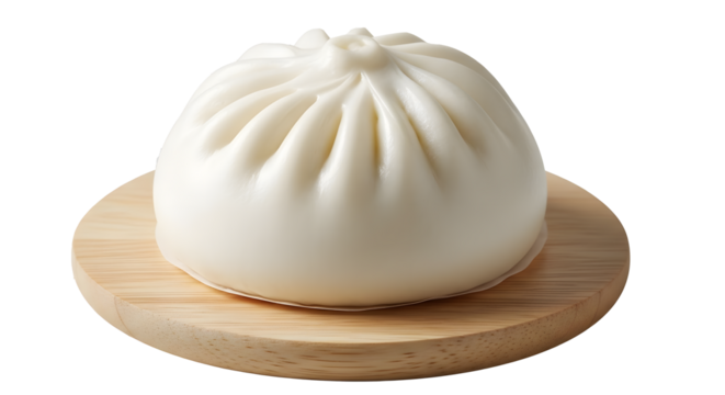 Steamed Chinese Bun on Wooden Coaster on Transparent Background, Fresh Baozi Illustration, Plump White Bao Cutout Graphic, Soft Glossy Bao on Round Wood Mockup, Isolated Chinese Steamed Bun Digital 