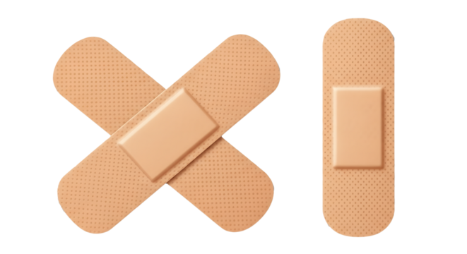 Two Crossed and Single Adhesive Bandages on Transparent Background, Realistic Beige Band-Aids Illustration, Medical Wound Care Bandage Cutout Graphic, Soft Fabric Bandages Mockup, Isolated First Aid
