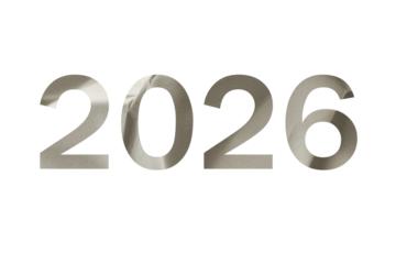 Metallic silver numbers 2026 reflecting light and casting subtle shadows isolated on transparent background