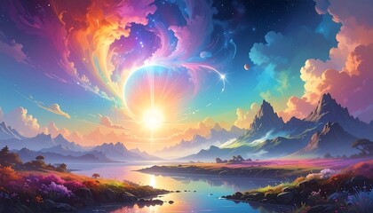 Obraz premium A vibrant, dreamy landscape with a shining sun and colorful clouds