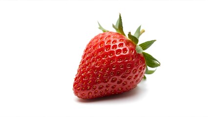 A macro shot of a ripe strawberry showing seeds and texture in extreme detail, isolated on a pure white background