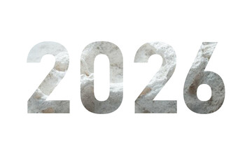 Metallic silver texture number 2026 displayed prominently with a brushed metal finish isolated on transparent background