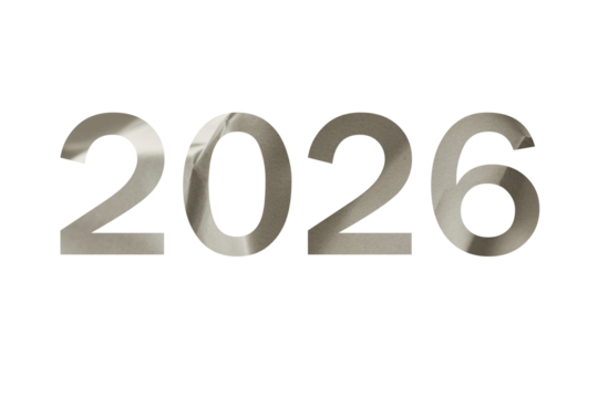 Metallic silver numbers 2026 reflecting light and casting subtle shadows isolated on transparent background