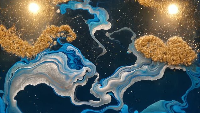 deep navy enigmatic backdrop created from cobalt and argent ink undulating in liquid forming elegant patterns accompanied by aurous shimmer particles suspended on the aqueous surface  captured from a