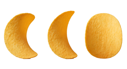 Three Golden Potato Chips Illustration, Isolated Crispy Snack Chips on Transparent Background, Horizontal Arrangement of Potato Crisps, Realistic Potato Chip Render Cutout, Golden Yellow Snack Food