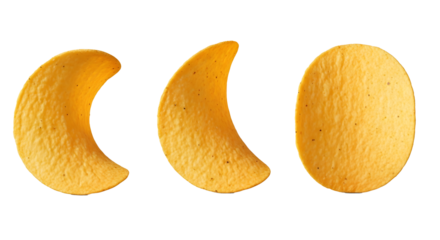 Three Golden Potato Chips Illustration, Isolated Crispy Snack Chips on Transparent Background, Horizontal Arrangement of Potato Crisps, Realistic Potato Chip Render Cutout, Golden Yellow Snack Food