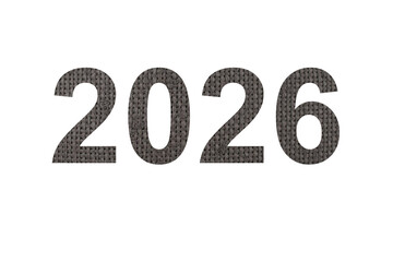 Year 2026 text rendered with a subtle digital glitch effect isolated on transparent background