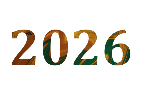 Abstract textured numbers 2026 in warm earthy tones and green hues isolated on transparent background