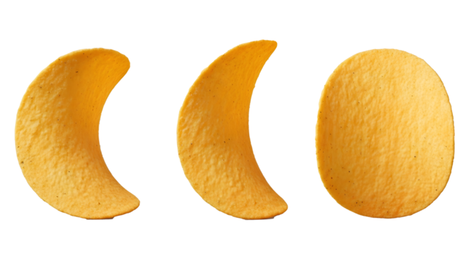 Three Golden Potato Chips Illustration, Isolated Crispy Snack Chips on Transparent Background, Horizontal Arrangement of Potato Crisps, Realistic Potato Chip Render Cutout, Golden Yellow Snack Food