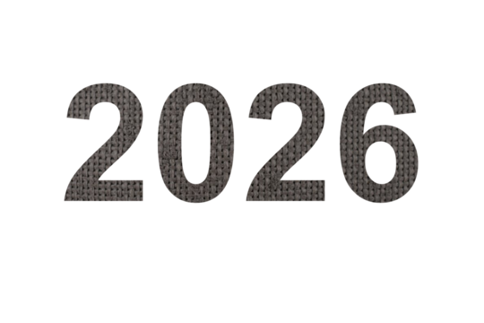 Year 2026 text rendered with a subtle digital glitch effect isolated on transparent background