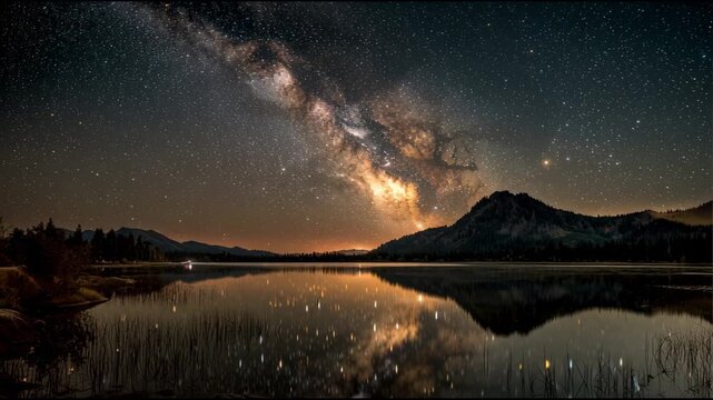 Majestic Milky Way Galaxy Reflecting on a Serene Mountain Lake Under a Starry Night Sky