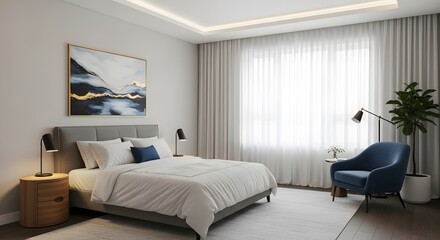 Fototapeta premium A serene and modern bedroom featuring a plush king-size bed, a comfortable armchair, and elegant drapery.