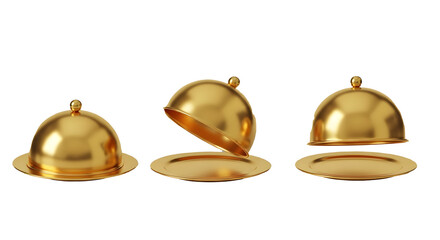 Golden Serving Platter with Cloches PNG, 3D Rendered Cloche Set, Luxury Gold Plate and Dome Cutout, Three-Step Golden Serving Tray Isolated, Polished Metallic Serving Ware Graphic