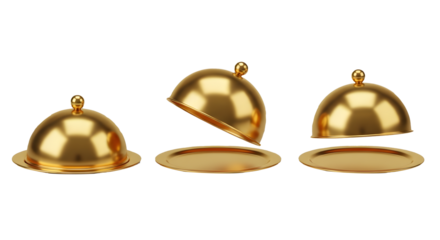 Golden Serving Platter with Cloches PNG, 3D Rendered Cloche Set, Luxury Gold Plate and Dome Cutout, Three-Step Golden Serving Tray Isolated, Polished Metallic Serving Ware Graphic