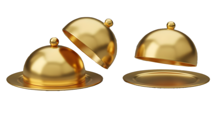 Golden Serving Platter with Cloches PNG, 3D Rendered Cloche Set, Luxury Gold Plate and Dome Cutout, Three-Step Golden Serving Tray Isolated, Polished Metallic Serving Ware Graphic