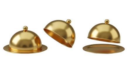 Golden Serving Platter with Cloches PNG, 3D Rendered Cloche Set, Luxury Gold Plate and Dome Cutout, Three-Step Golden Serving Tray Isolated, Polished Metallic Serving Ware Graphic