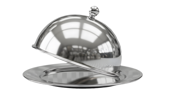 Silver Serving Platter with Cloche PNG, Chrome 3D Rendered Dome Set, Isolated Metallic Serving Plate and Lid, Polished Silver Cloche Graphic, Luxury Tableware 3D Cutout