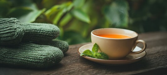 The cup of tea on a rustic wooden table with cozy green mittens