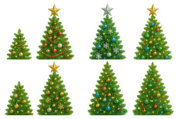 Fototapeta premium Christmas tree set, various styles of decorated evergreen trees creating a festive holiday collection on transparent background