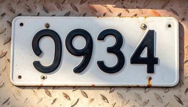 Close Up of White Metal License Plate With Black Numbers 9934 Mounted On Textured Rusty Surface In Daylight