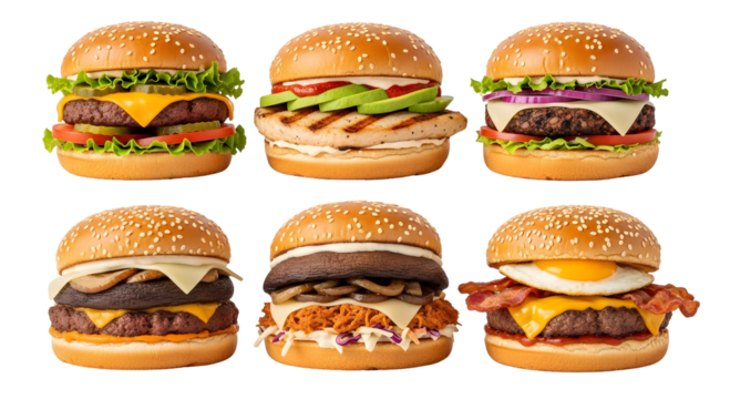 A delicious assortment of six different gourmet hamburgers and cheeseburgers with various toppings isolated on a white background