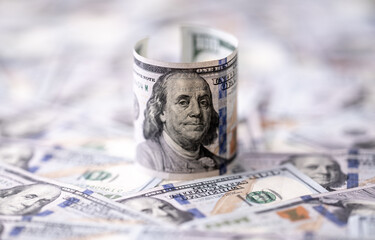 Money background with Franklin on the 100-dollar note. Texture of US dollar currency and banknotes....