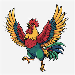 Fototapeta premium Vibrant cartoon rooster with spread wings and colorful plumage on white background, conveying energetic mood.