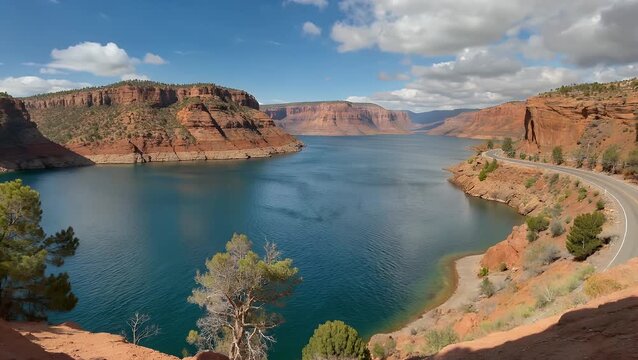 Sweeping Panoramic View of a Vast Desert Reservoir Situated Along a Renowned Scenic Byway in the American