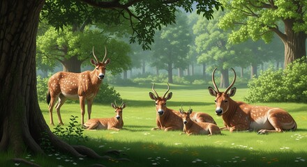 Herd of deer resting under tall trees in sunlight