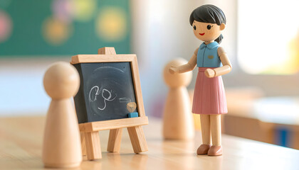 Teaching Concept Toy Teacher at Blackboard Surrounded by Wooden Figures