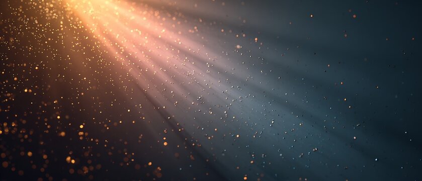 Abstract background with glowing golden particles and dynamic light rays on a dark blue backdrop