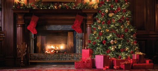 The Christmas tree and roaring fireplace in an elegant holiday living room with presents