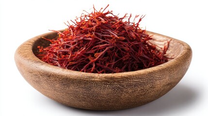 Fototapeta premium Saffron in a wooden bowl, white background