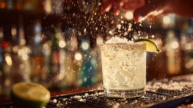 Refreshing cocktail creation with salt rim and lime garnish in a vibrant bar setting at night