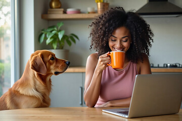 African American Female Remote Worker Taking a Coffee Break with Pet