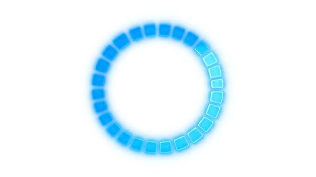 A blue, glowing, segmented circle on a white background, indicative of loading or progress