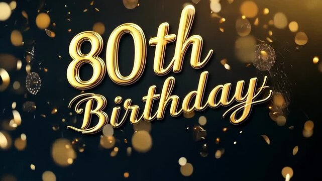 Elegant 80th birthday celebration with golden text and sparkling confetti.