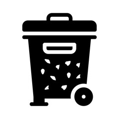 Black lined filled trash can with lid and one wheel. Perfect for waste management, cleanliness concepts, environmental themes, and recycling campaigns.
