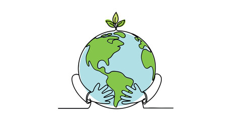 Minimal line art of Earth with green continents, gently embraced by two hands and topped with a small sprouting leaf. Perfect for eco-friendly branding, and World Environment Day visuals.
