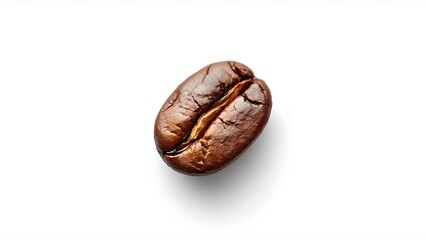 A macro shot of a single coffee bean showing detailed texture and surface cracks, isolated on a pure white background