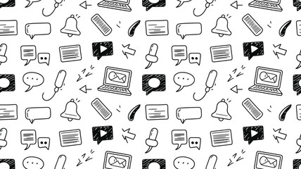 Hand drawn social media seamless pattern for vibrant backdrops or playful website designs showcasing communication and tech themes, perfect for modern concepts