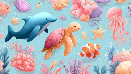 Fototapeta premium Cute Underwater Sea Animals Illustration