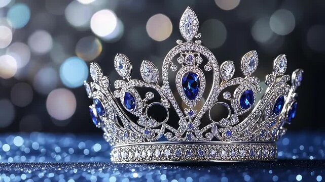 Elegant silver crown with blue gems on a sparkling blue surface, bokeh background.