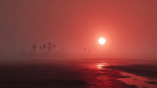 Surreal red sunset sky with glowing sun, fog, silhouetted palm trees, and water reflections.