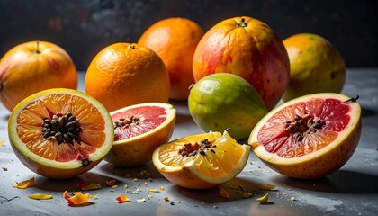 Assortment of vibrant tropical fruits, some halved