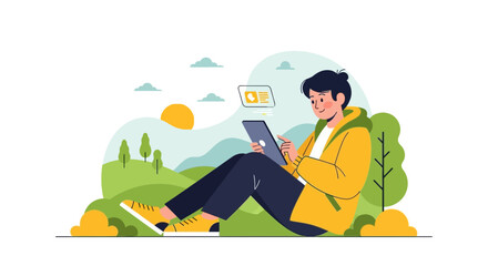 Obraz premium Young Person Using Tablet Leisurely Outdoors In Green Landscape