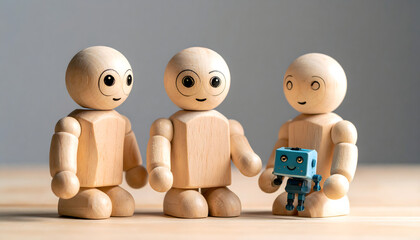 Three wooden figures with a small robot, depicting concepts of technology, friendship, and companionship