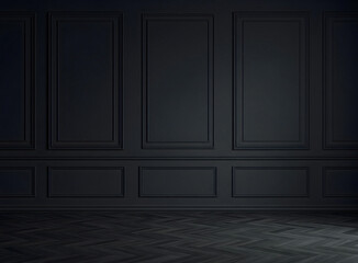 Elegant Black Room with Detailed Wainscoting and Dark Parquet Floor