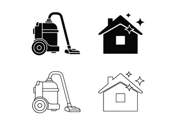Home cleaning icons vacuum and sparkling house - Vector icon symbol for website - Icon vector - Blue icon vector - Line and glyph solid icon set